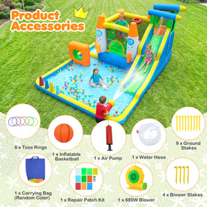 10-in-1 inflatable bounce house with water slide for kids, featuring a 680W blower, perfect for outdoor play.
