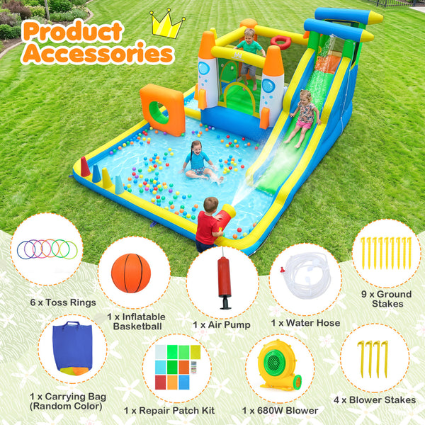 10-in-1 inflatable bounce house with water slide for kids, featuring a 680W blower, perfect for outdoor play.