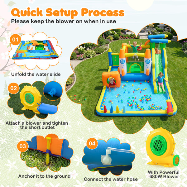 10-in-1 inflatable bounce house with water slide for kids, featuring a 680W blower, perfect for outdoor play.