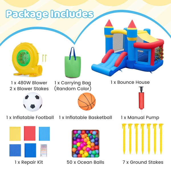 Inflatable Bounce House for Kids with Ocean Ball Football and Basketball for Birthday Party Carnival