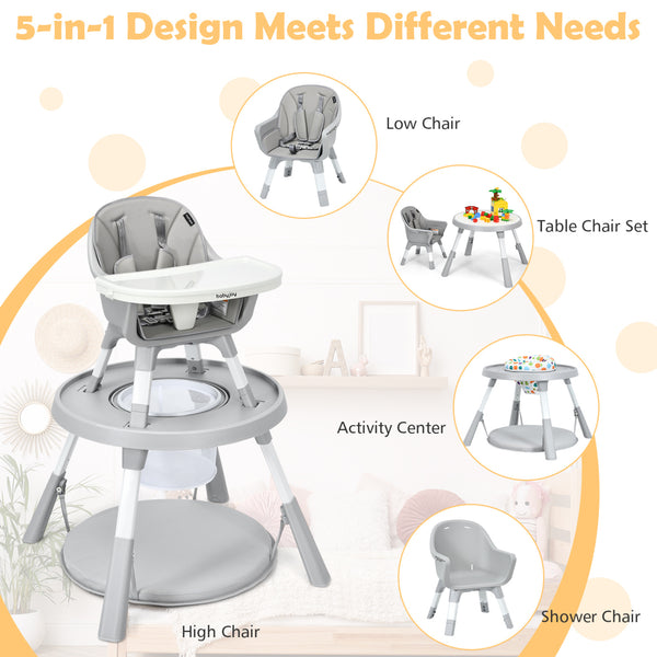 5-in-1 Baby Highchair with Height Adjustable and 2-Tier Tray Storage Busket-Gray