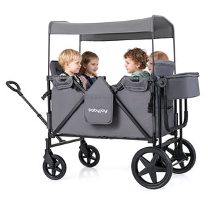 Foldable 4-Seater Push-Pull Wagon Stroller with Adjustable Canopy and Handles