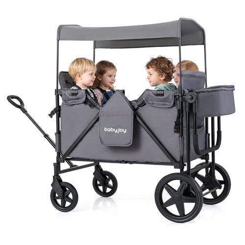 Foldable 4-Seater Push-Pull Wagon Stroller with Adjustable Canopy and Handles