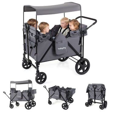 Foldable 4-Seater Push-Pull Wagon Stroller with Adjustable Canopy and Handles