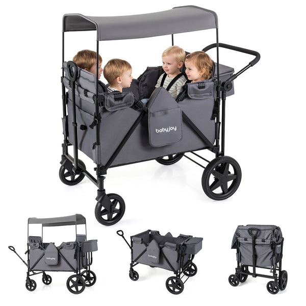 Foldable 4-Seater Push-Pull Wagon Stroller with Adjustable Canopy and Handles