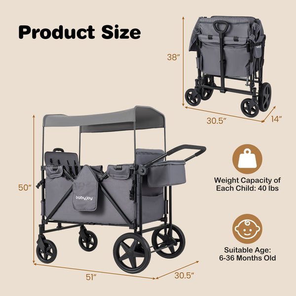 Foldable 4-Seater Push-Pull Wagon Stroller with Adjustable Canopy and Handles