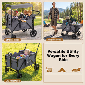 Foldable 4-Seater Push-Pull Wagon Stroller with Adjustable Canopy and Handles