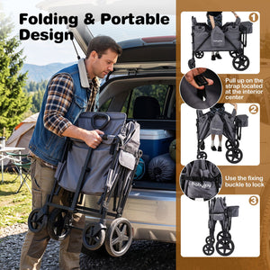 Foldable 4-Seater Push-Pull Wagon Stroller with Adjustable Canopy and Handles