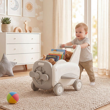 3-in-1 Baby Airplane Shape Toddler Toy Box with Wheels and Tip-up Seat