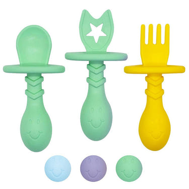 "Eggware 3-piece set of baby feeding utensils and teethers in vibrant colors for safe and fun mealtime."