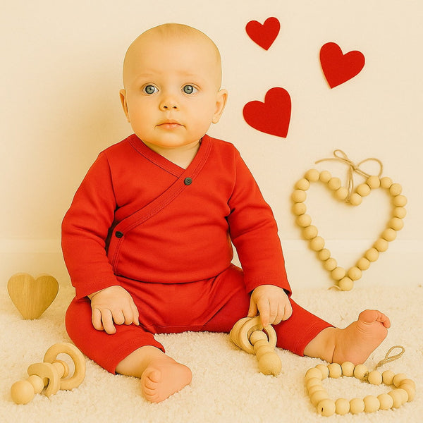 Scarlet red long sleeve bodysuit for babies, angle 3 view showcasing soft fabric and stylish design.