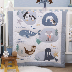 Arctic Adventure Light Blue, White, Taupe and Navy Whales, Walrus, and Otter 4 Piece Nursery Crib Bedding Set - Comforter, 100% Cotton Fitted Crib Sheet, Crib Skirt, and Storage Caddy