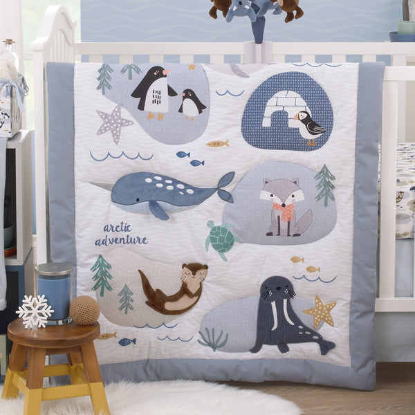 Arctic Adventure Light Blue, White, Taupe and Navy Whales, Walrus, and Otter 4 Piece Nursery Crib Bedding Set - Comforter, 100% Cotton Fitted Crib Sheet, Crib Skirt, and Storage Caddy