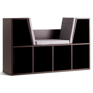 6-cubby kid storage bookcase with cushioned reading nook for organized playroom and cozy reading space.