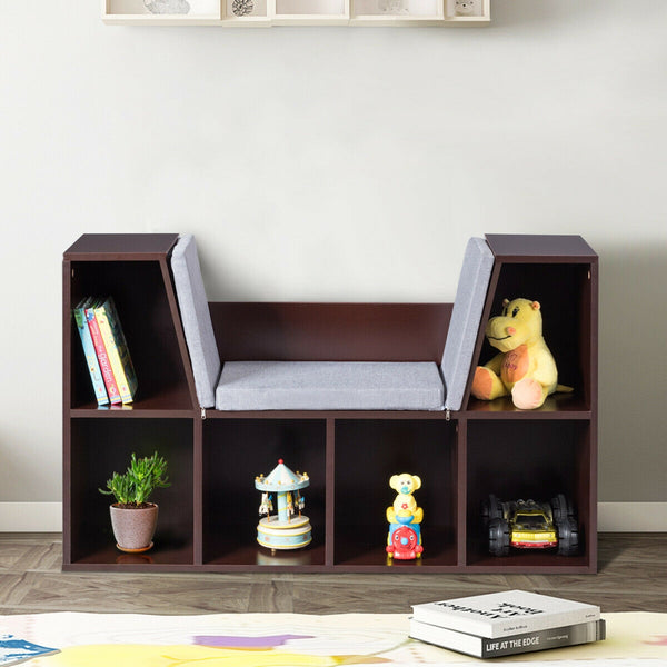 6-Cubby Kid Storage Bookcase with Cushioned Reading Nook for organized playrooms and cozy reading spaces.