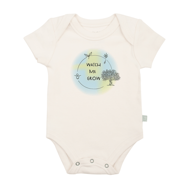 "Graphic short sleeve bodysuit for babies, featuring 'Watch Me Grow' design, perfect for playful outfits."