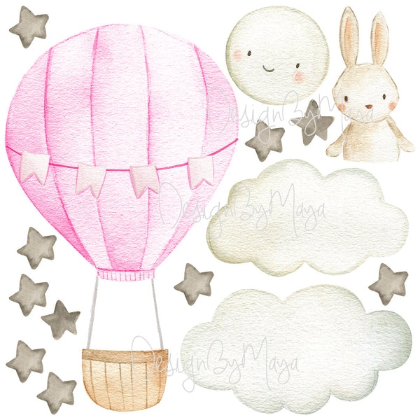 Baby animal inside Hot Air Balloon - Fabric Nursery Wall Art Decals