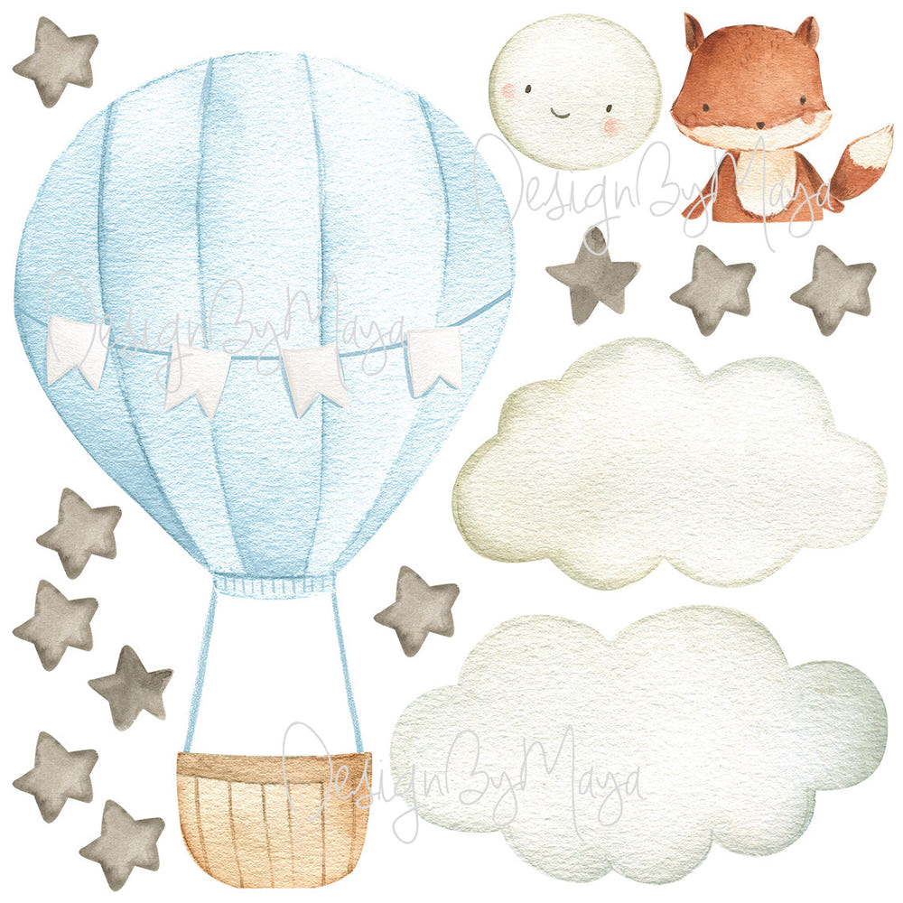 Baby animal in hot air balloon fabric wall art decals for nursery decor.