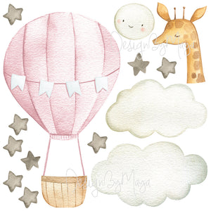 Baby animal inside Hot Air Balloon - Fabric Nursery Wall Art Decals