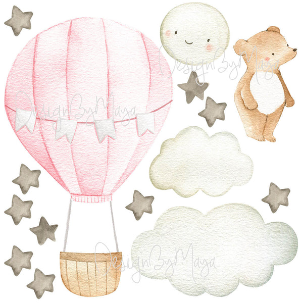 Baby animal inside Hot Air Balloon - Fabric Nursery Wall Art Decals