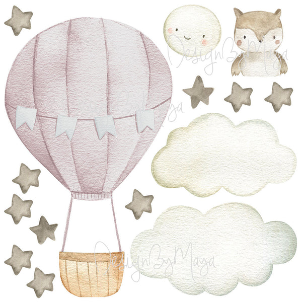 Baby animal inside Hot Air Balloon - Fabric Nursery Wall Art Decals