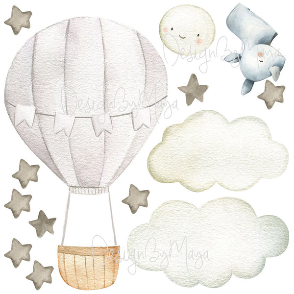 Baby animal inside Hot Air Balloon - Fabric Nursery Wall Art Decals