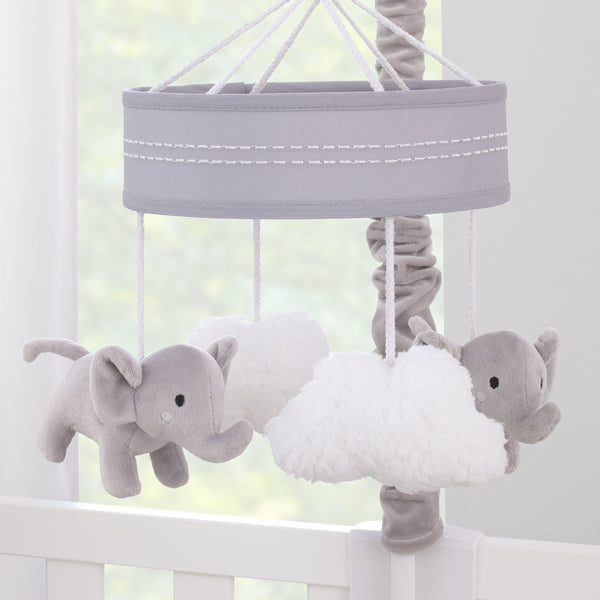 Plush Elephant Gray and White Puffy Clouds Musical Mobile