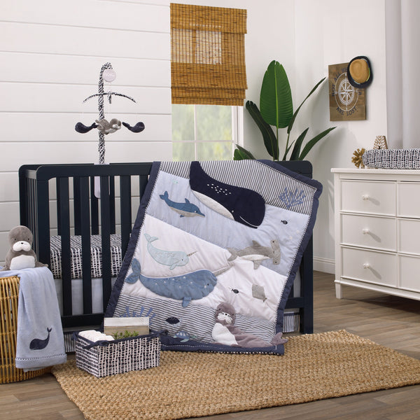 Seas The Day Multi Sea Animals Blue and White 100% Cotton Photo Op Fitted Crib Sheet