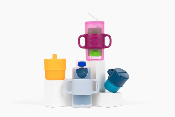 KiddyTrek 4-in-1 Sip & Snack Set: versatile food pouch, juice box holder, snack cup, and sip cup for babies.