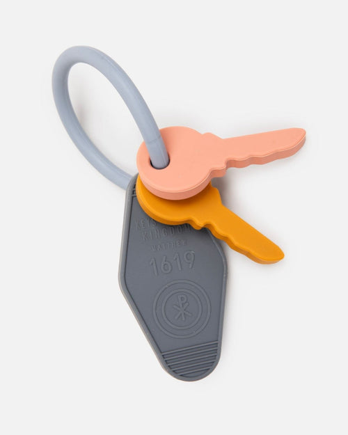 "Keys to the Kingdom Silicone Teethers in vibrant colors, perfect for soothing baby's gums and promoting healthy teething."