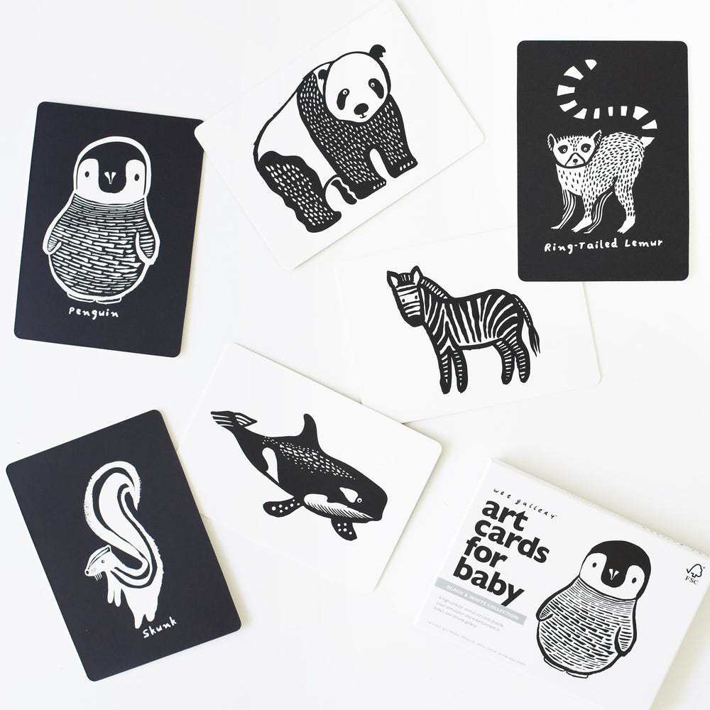 Black and white art cards for babies, designed to stimulate visual development and engage young minds.