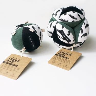 Jungle Leaves Clutch and Taggy Ball Bundle for babies, featuring vibrant colors and soft textures for sensory play.