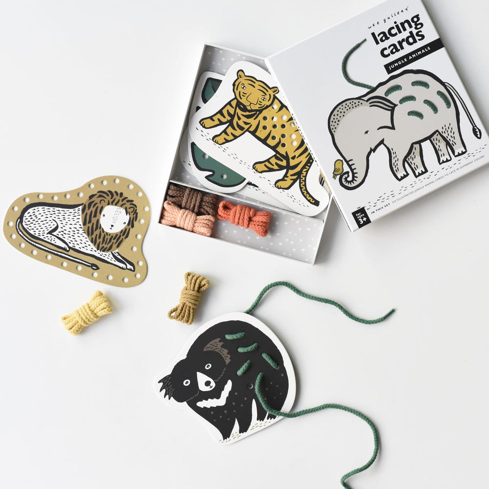 Lacing Cards featuring colorful jungle animals for fun and educational playtime.