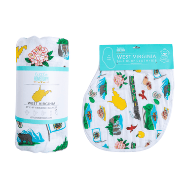 West Virginia Baby Giftset: Swaddle blanket and burp/bib combo for newborns, perfect for cozy and stylish care.