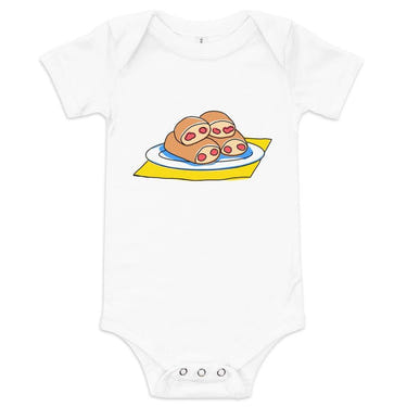 West Virginia Pepperoni Roll baby short sleeve onesie for comfy and stylish infant wear.
