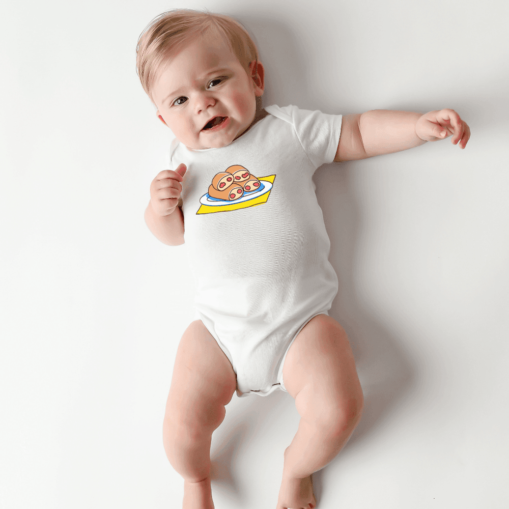 West Virginia Pepperoni Roll baby short sleeve onesie for comfy and stylish infant wear.