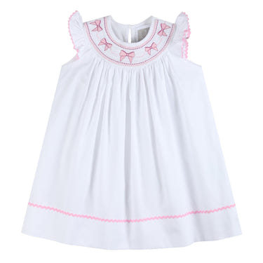 White and pink bows smocked bishop dress for baby girls, perfect for special occasions.