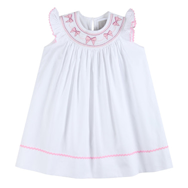White and Pink Bows Smocked Bishop Dress
