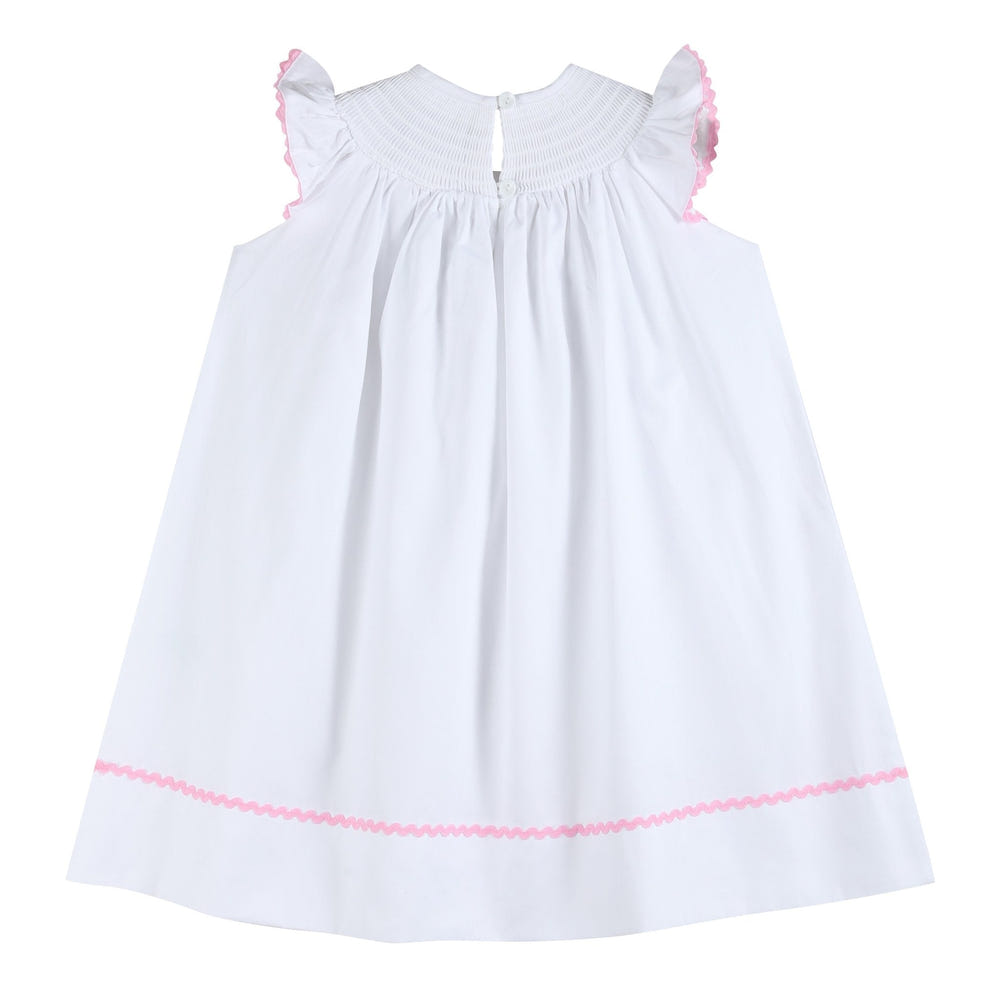 White and pink bows smocked bishop dress for baby girls, perfect for special occasions.