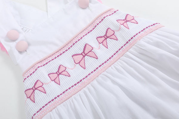 White and Pink Bows Smocked Ruffle Romper