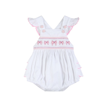 White and Pink Bows Smocked Ruffle Romper