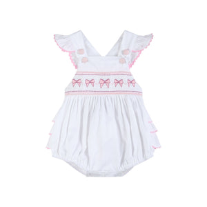 White and Pink Bows Smocked Ruffle Romper