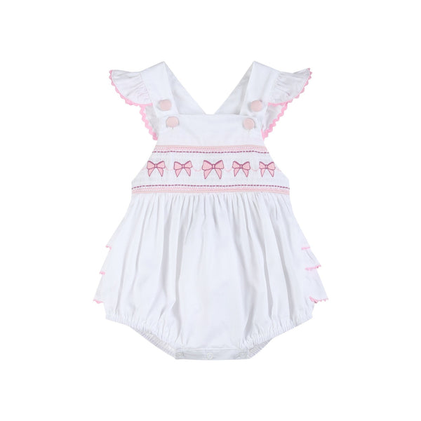 White and Pink Bows Smocked Ruffle Romper