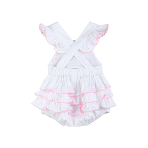 White and Pink Bows Smocked Ruffle Romper