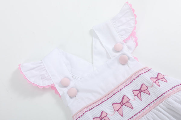 White and Pink Bows Smocked Ruffle Romper