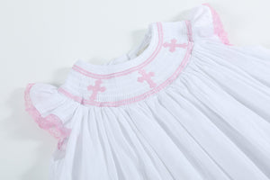 White and Pink Cross Smocked Bishop Dress