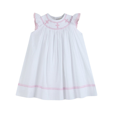 White and Pink Cross Smocked Bishop Dress - MOOGCO Baby