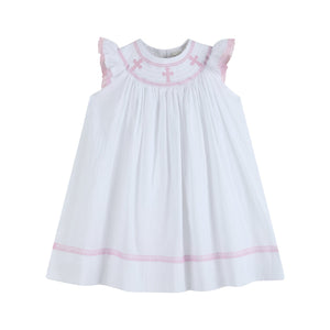 White and Pink Cross Smocked Bishop Dress