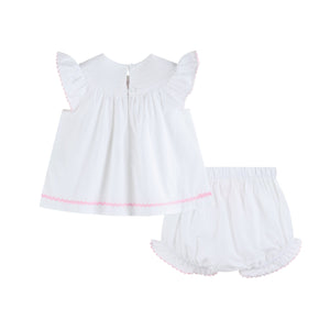 White and Pink Cross Smocked Dress and Bloomer Set