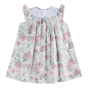 White and pink floral smocked bishop dress for babies, showcasing a charming design from angle 4.